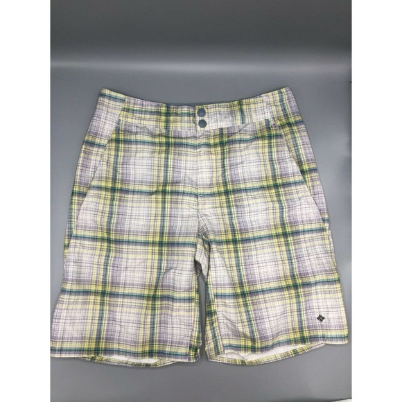 Columbia Omni Shade Plaid Yellow‎ Green Trunks 32